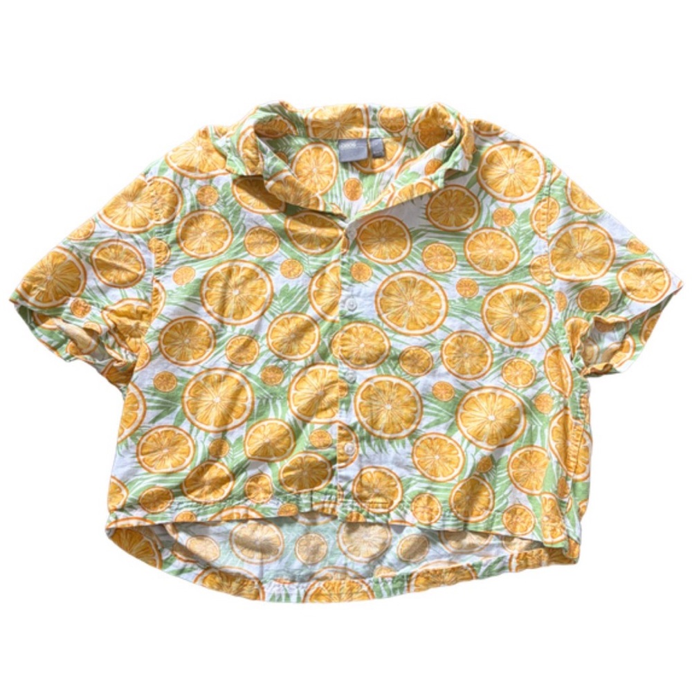 ASOS Orange Citrus Button Up Shirt Medium Linen Blend Summer Tropical Top - Picture 5 of 8
